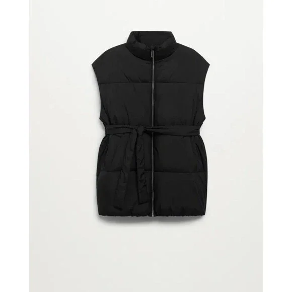 MANGO Padded Waistcoat Puffer Vest With Belt Black XS Waist Tie Oversize - Picture 3 of 9